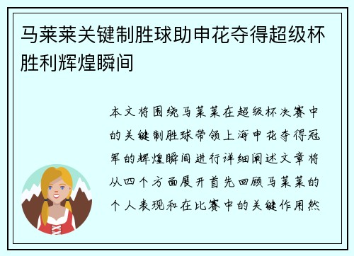 马莱莱关键制胜球助申花夺得超级杯胜利辉煌瞬间